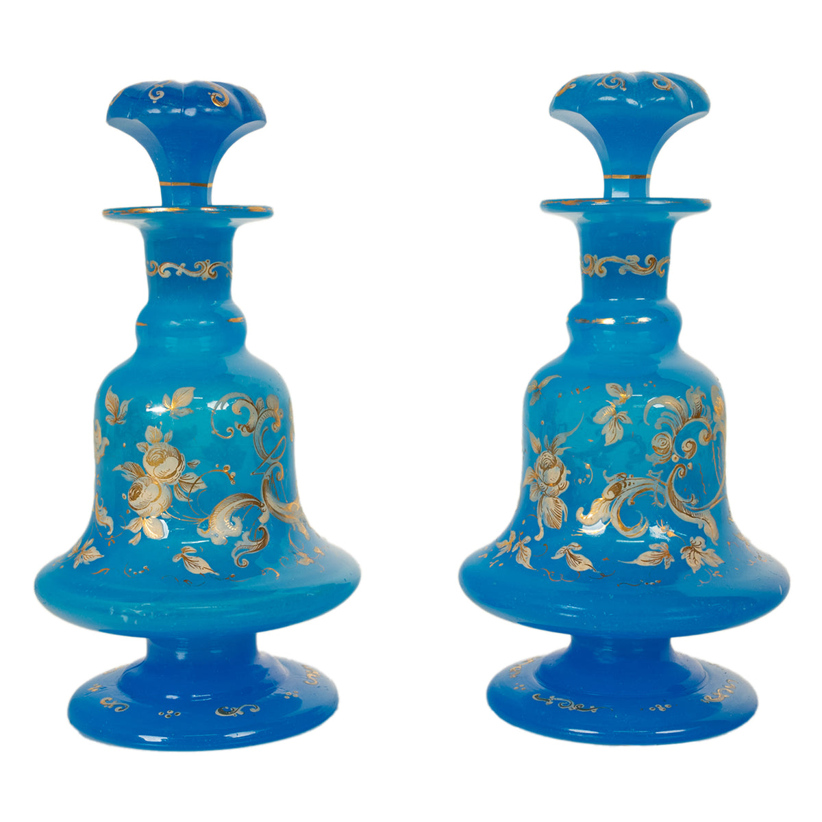 Antique Pair French Blue Opaline Gilded Enamel Glass Perfume Bottles Flacon 1850