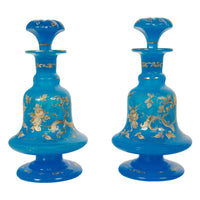 Antique Pair French Blue Opaline Gilded Enamel Glass Perfume Bottles Flacon 1850