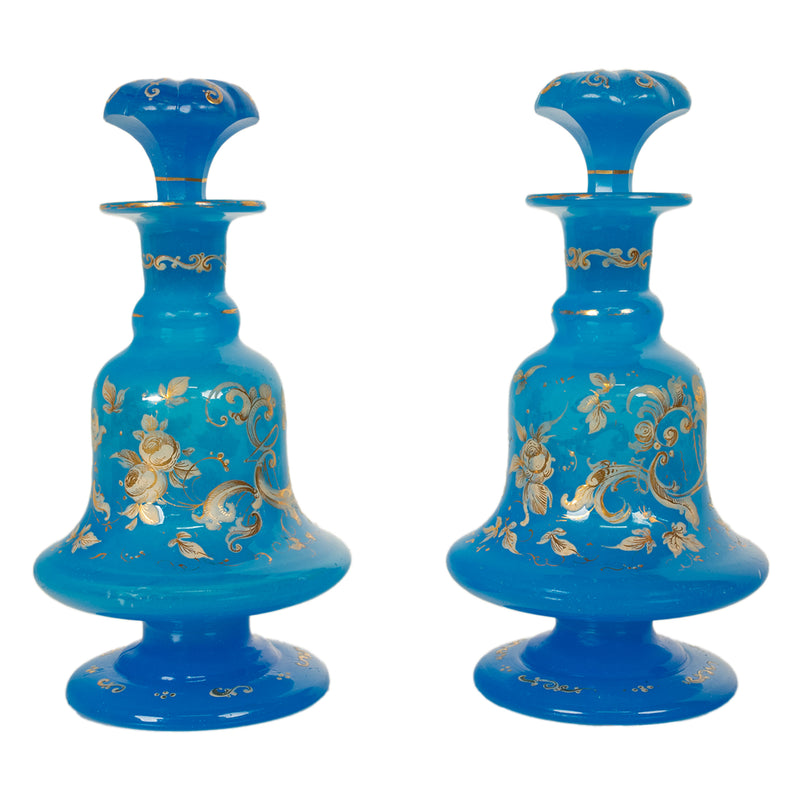 Antique Pair French Blue Opaline Gilded Enamel Glass Perfume Bottles Flacon 1850