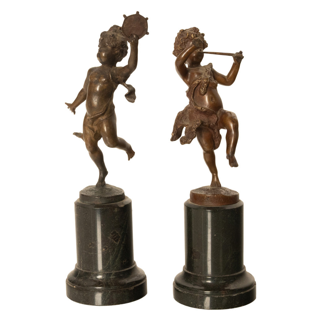 Pair Antique French Bronze Marble Putti Dancing Musicians Statues Sculpture 1860