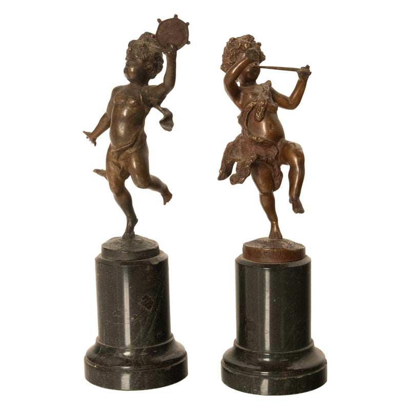 Pair Antique French Bronze Marble Putti Dancing Musicians Statues Sculpture 1860