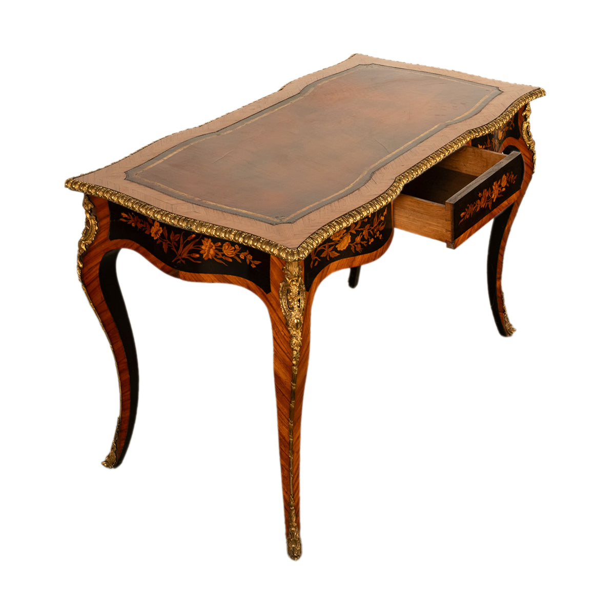 Antique French Louis XV Tulipwood Marquetry Ormolu Bureau Plat Writing Table Circa 1880