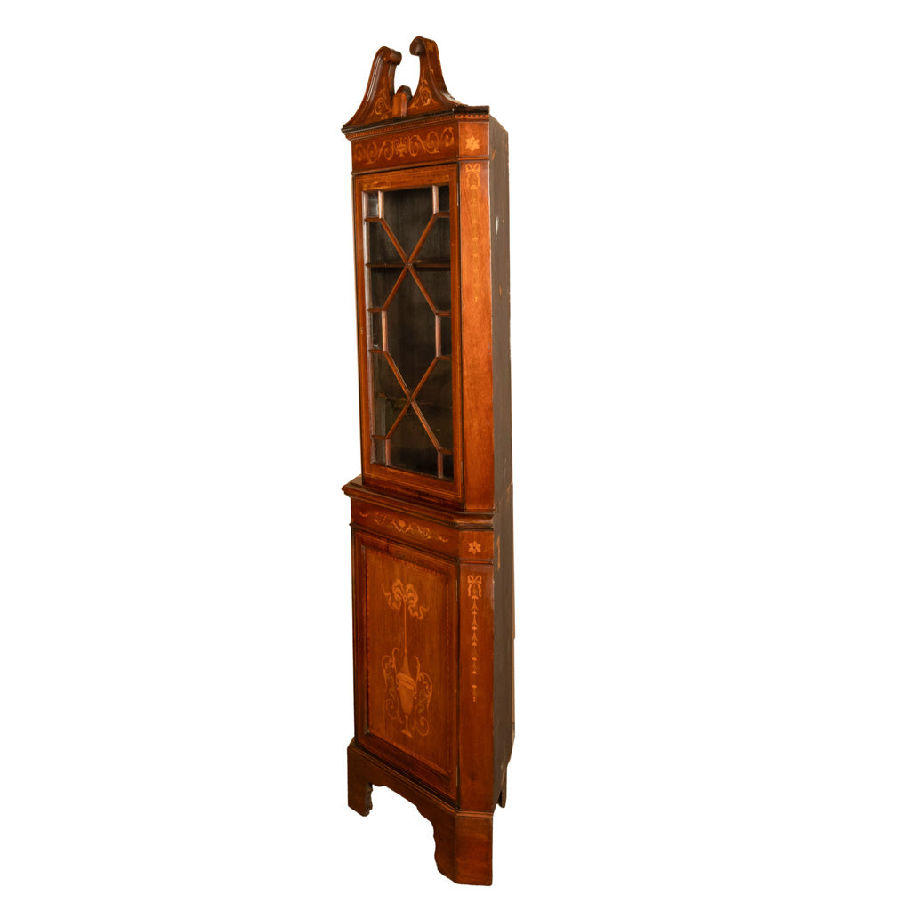 Antique Edwardian Regency Revival Inlaid Marquetry Mahogany Corner Cabinet 1890