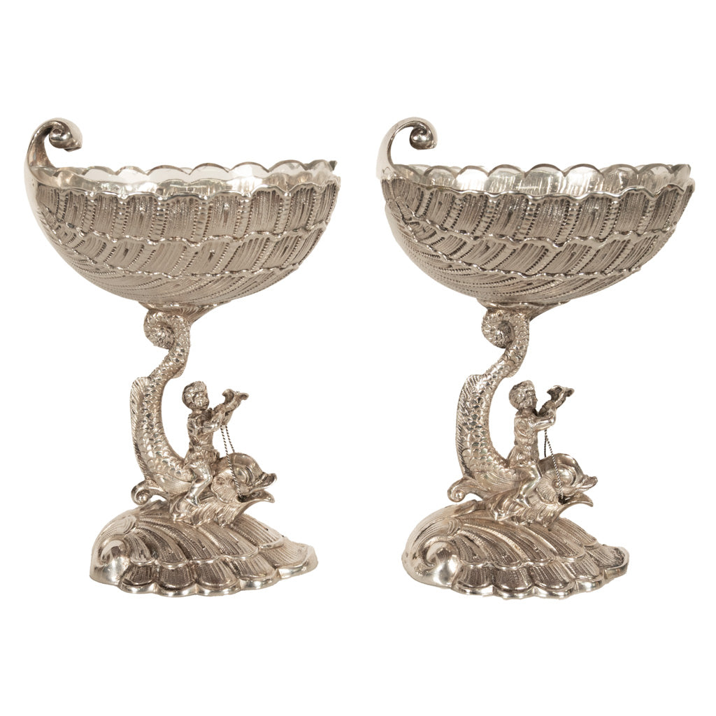 Antique Pair German Silver Master Salts Grotto Shells Putti Dolphins Hannau 1890