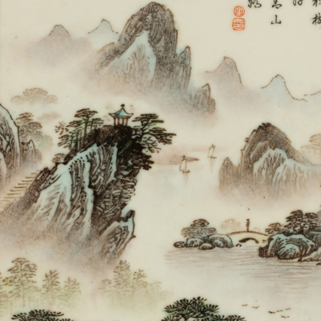 Pair Antique Chinese Republic Period Hand Painted Porcelain Hongmu Plaques 1920