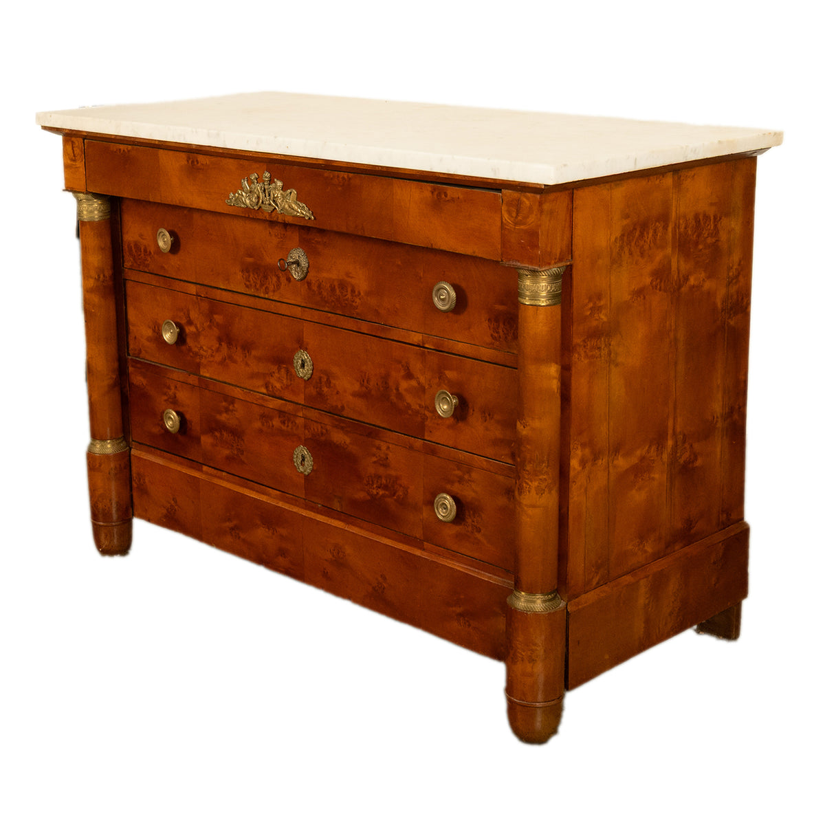 Antique 19th Century French Empire Burl Walnut Marble Ormolu Chest Drawers Commode 1810