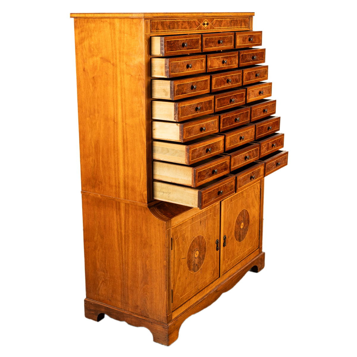 Antique Art Deco Inlaid Marquetry Burl Walnut 24 Drawer Filing Collectors Cabinet Circa 1920