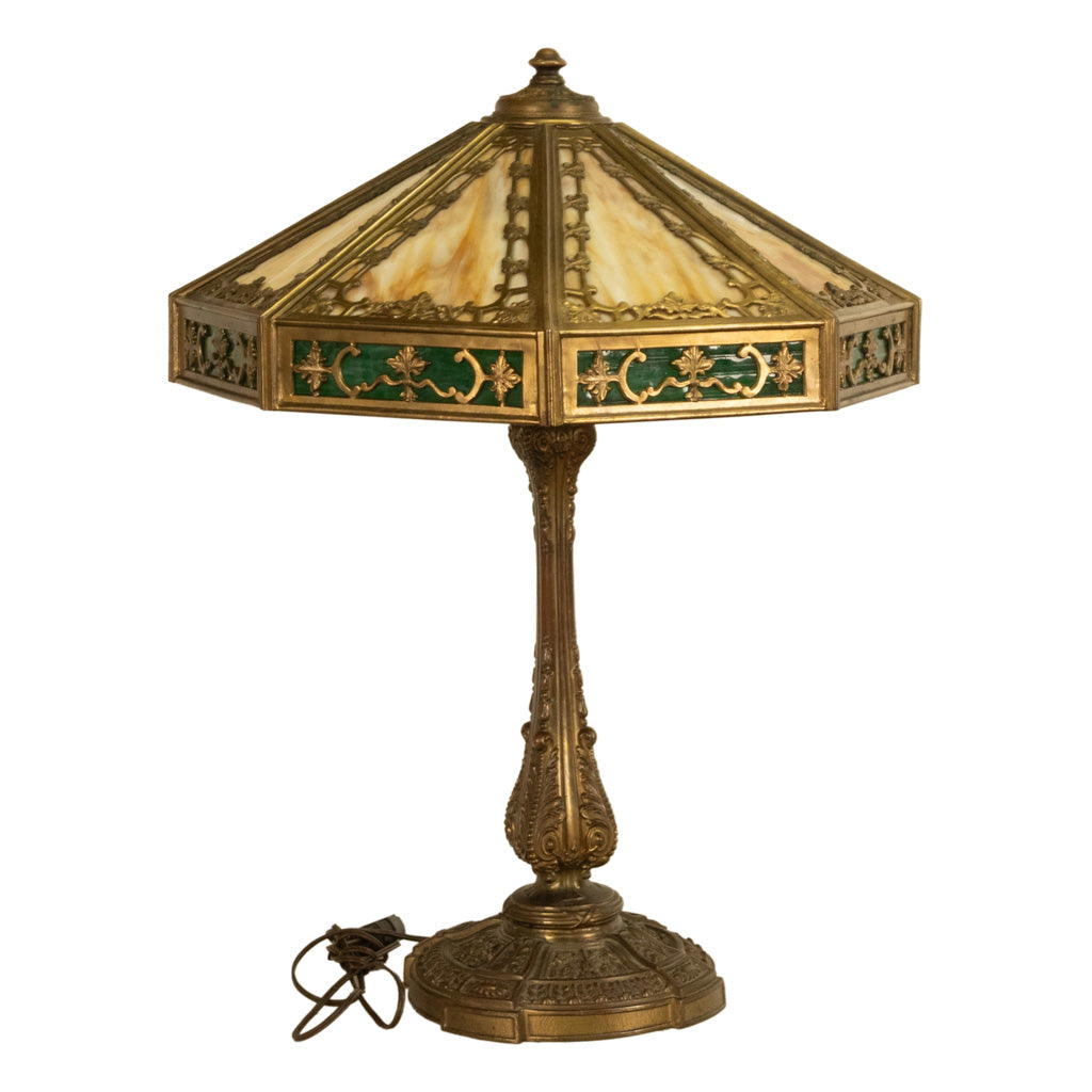 Antique American Arts & Crafts 3 Light Slag Glass Table Lamp by Miller Co. 1910