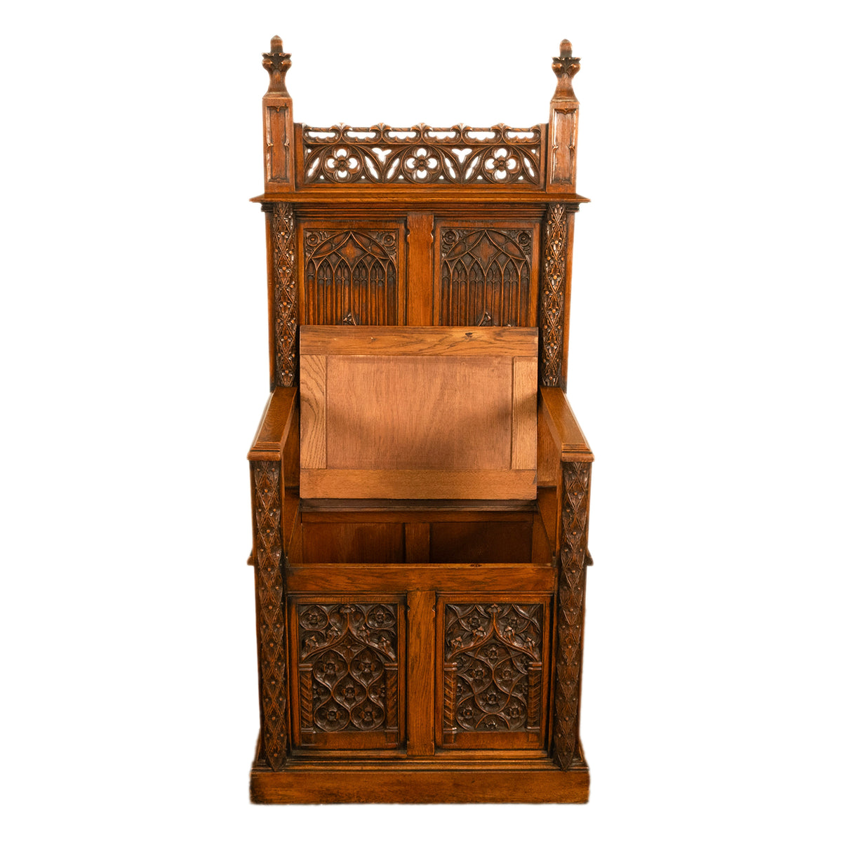 Antique 19thC French Carved Oak Gothic Revival Throne Storage Chair Seat 1880