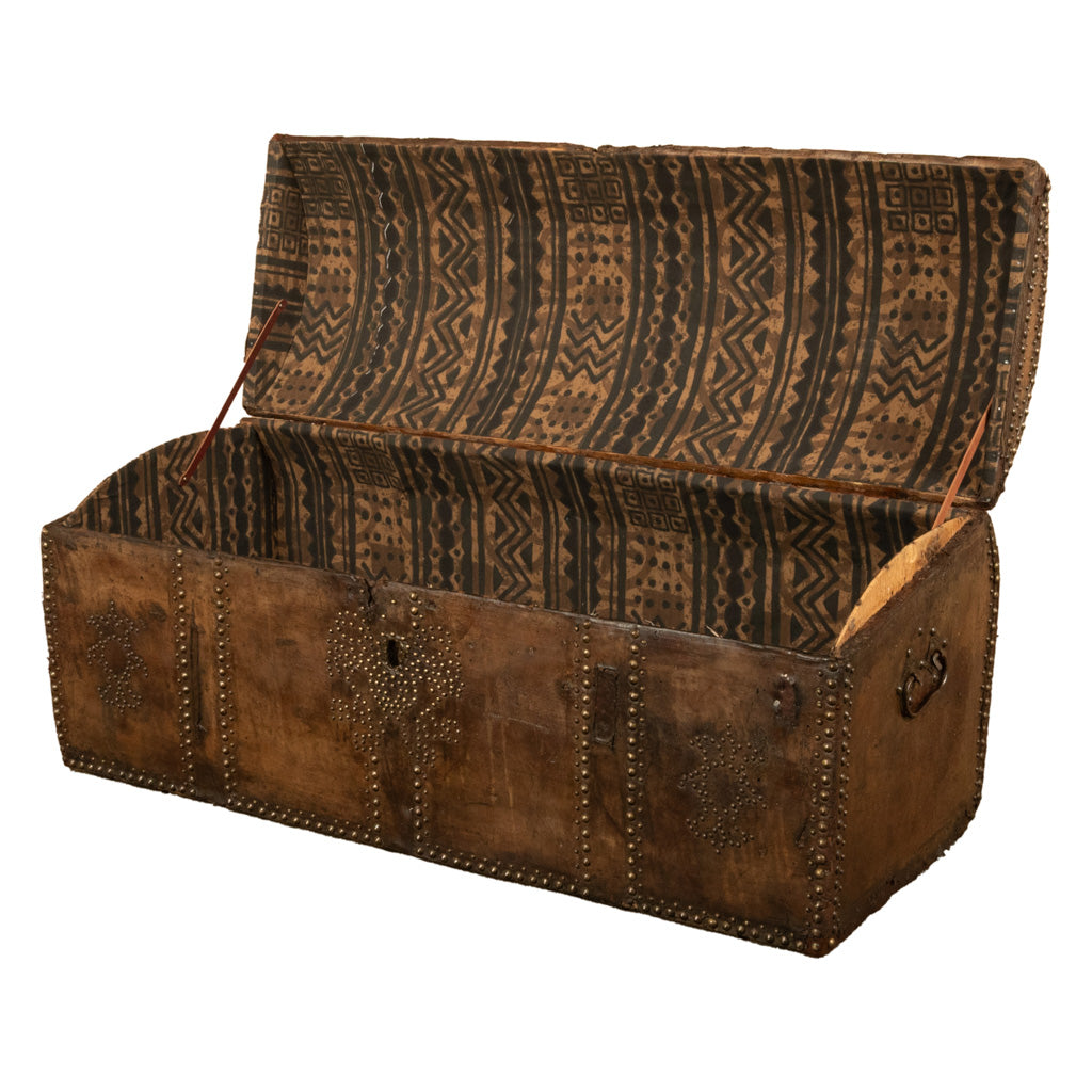 Antique 17th Century Italian Leather and Pine & Brass Stud Work Carriage Chest Trunk 1680