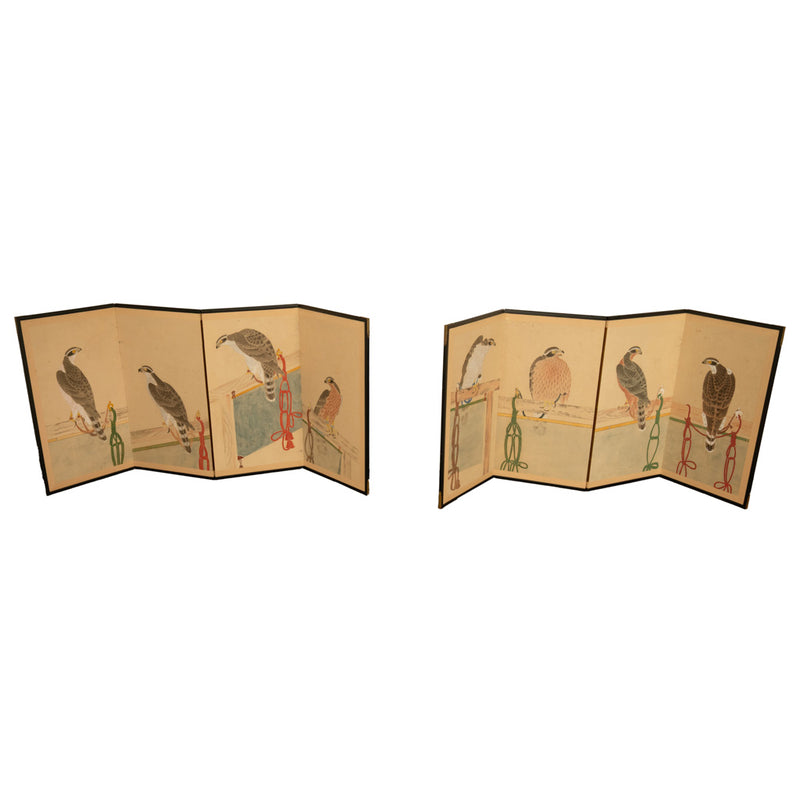 Pair Antique Japanese Edo Falcon Hawk Birds of Prey Takagari Screens 1880