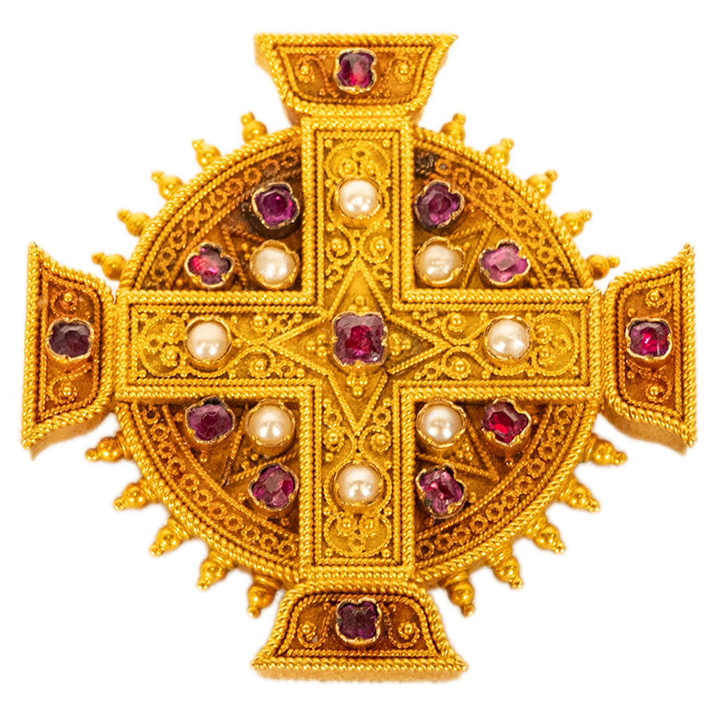 Antique Italian Etruscan Revival 22k Gold Brooch Rubies & Pearls Marchesini 1870
