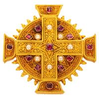 Antique Italian Etruscan Revival 22k Gold Brooch Rubies & Pearls Marchesini 1870