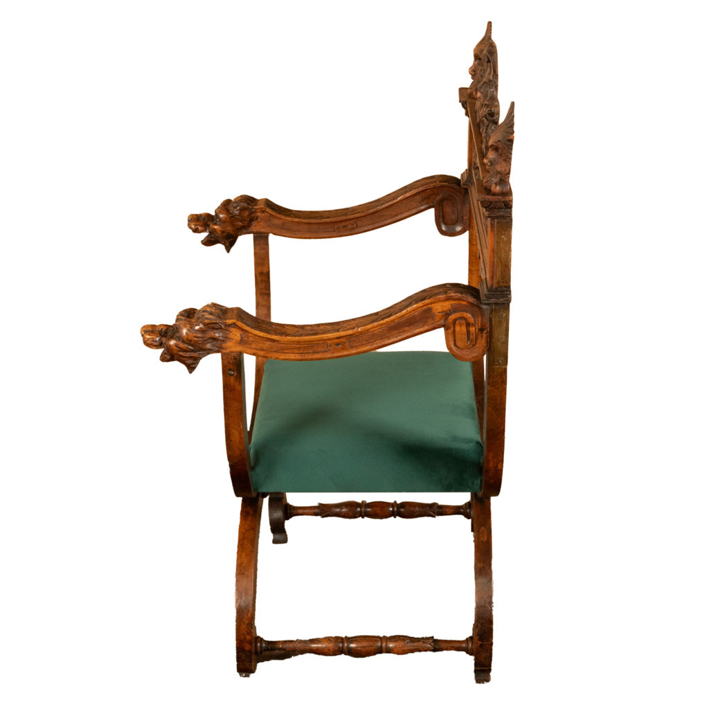 Antique Renaissance Revival Carved Walnut Green Man Savonarola Chair Circa 1890