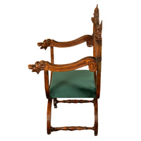 Antique Renaissance Revival Carved Walnut Green Man Savonarola Chair Circa 1890