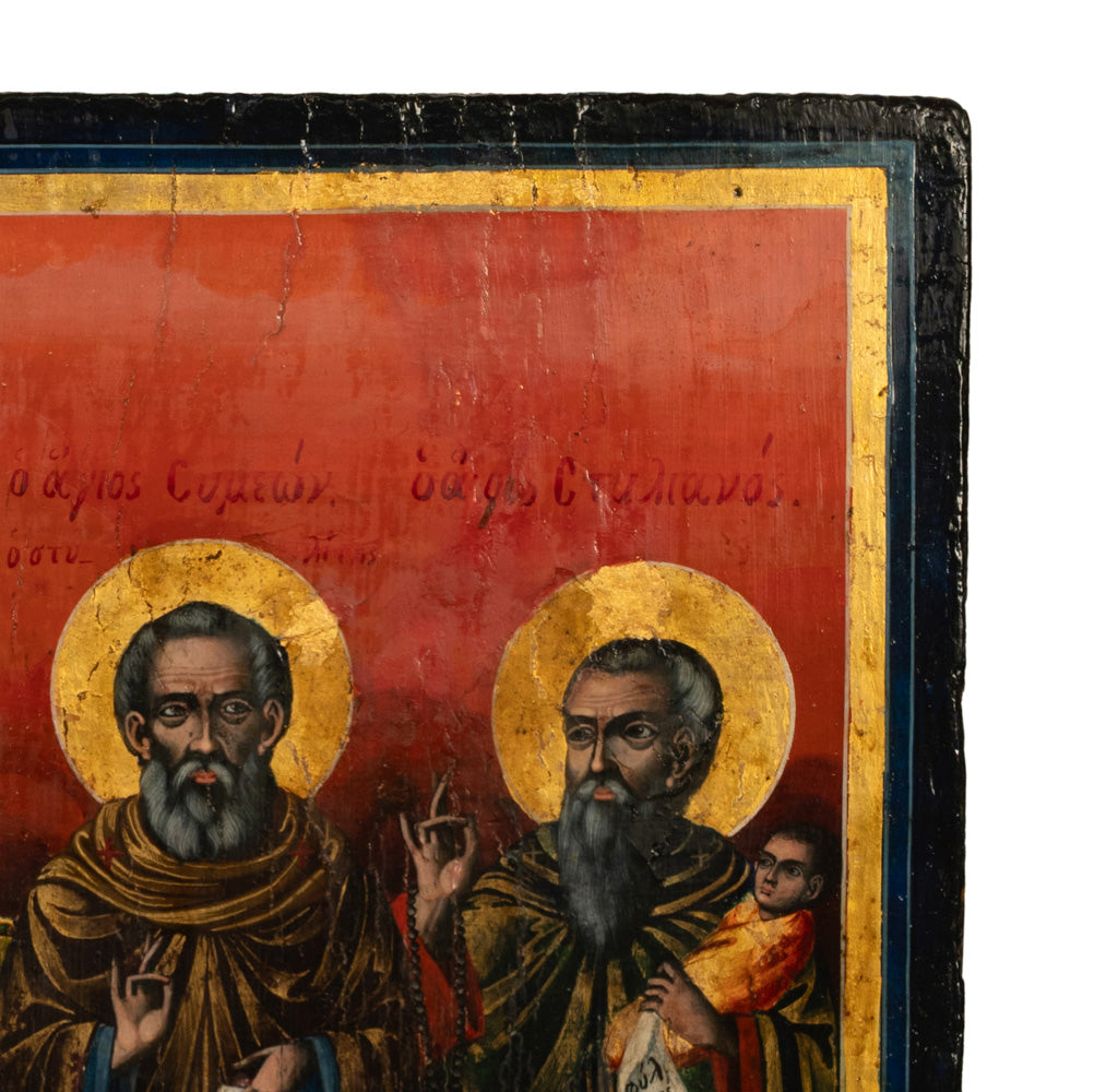 Antique Greek Eastern Orthodox Religious Painted Icon Egg Tempera 3 Saints 1780