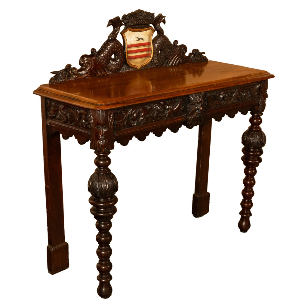 Antique Carved Oak Hall Table Skipworth Family Painted Royal Coat of Arms 1860