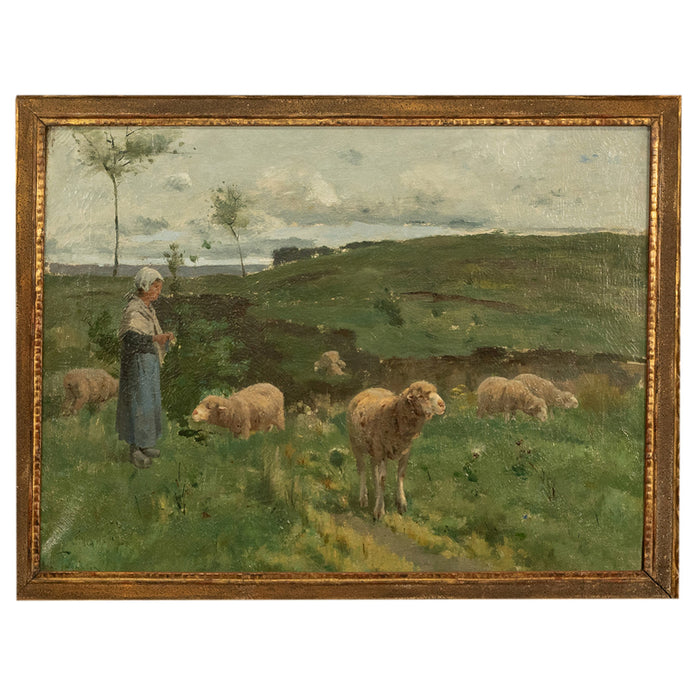 19thC Oil on Canvas French Pastoral Realism Barbizon School Landscape Painting by Harry Thompson, 1885