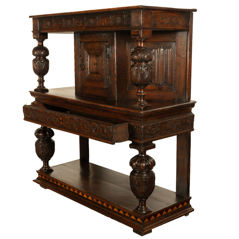 Antique 16th C Elizabethan Tudor Inlaid Oak Carved Court Cupboard Cabinet 1580