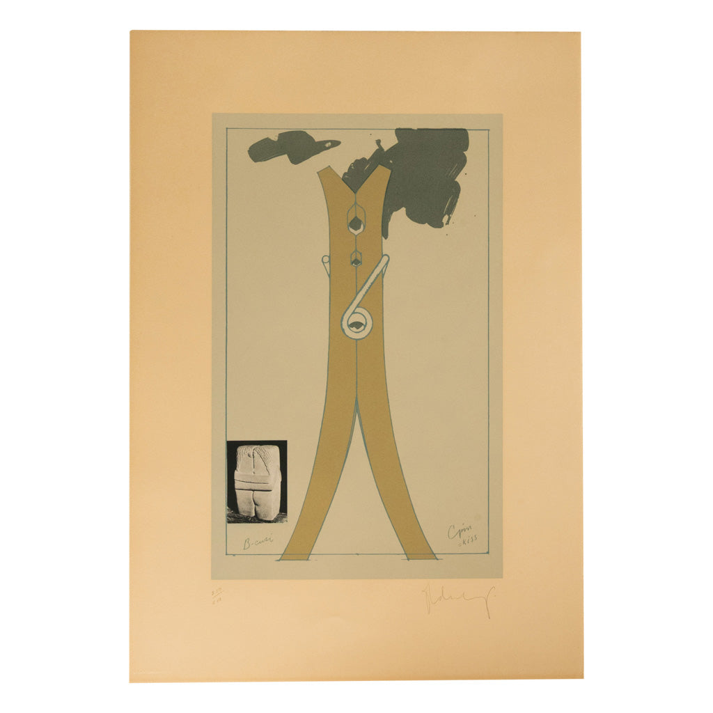 Pop Art Silk Screen Print and Collage "Clothespin Brancusi's Kiss" Philadelphia by Claes Oldenburg, 1972