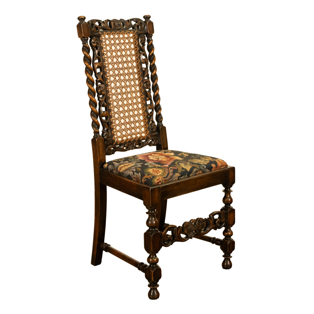 Antique 19thC Set 6 Carved Caned Jacobean Barley Twist Walnut Dining Chairs 1870