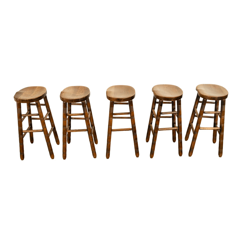 Antique Set of Five Antique Arts & Crafts Turned Elm Bar Sadle Seat Stools 1900