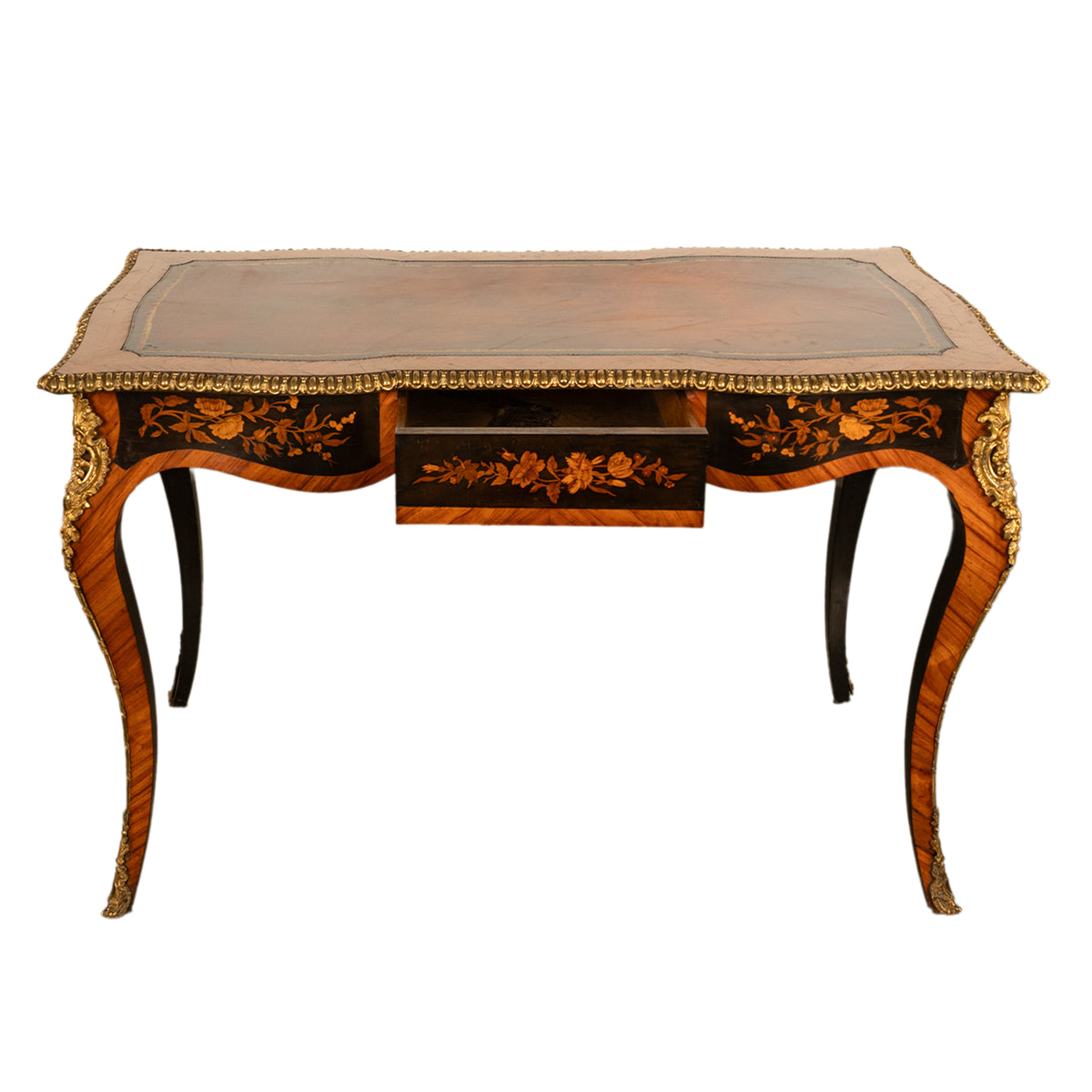 Antique French Louis XV Tulipwood Marquetry Ormolu Bureau Plat Writing Table Circa 1880