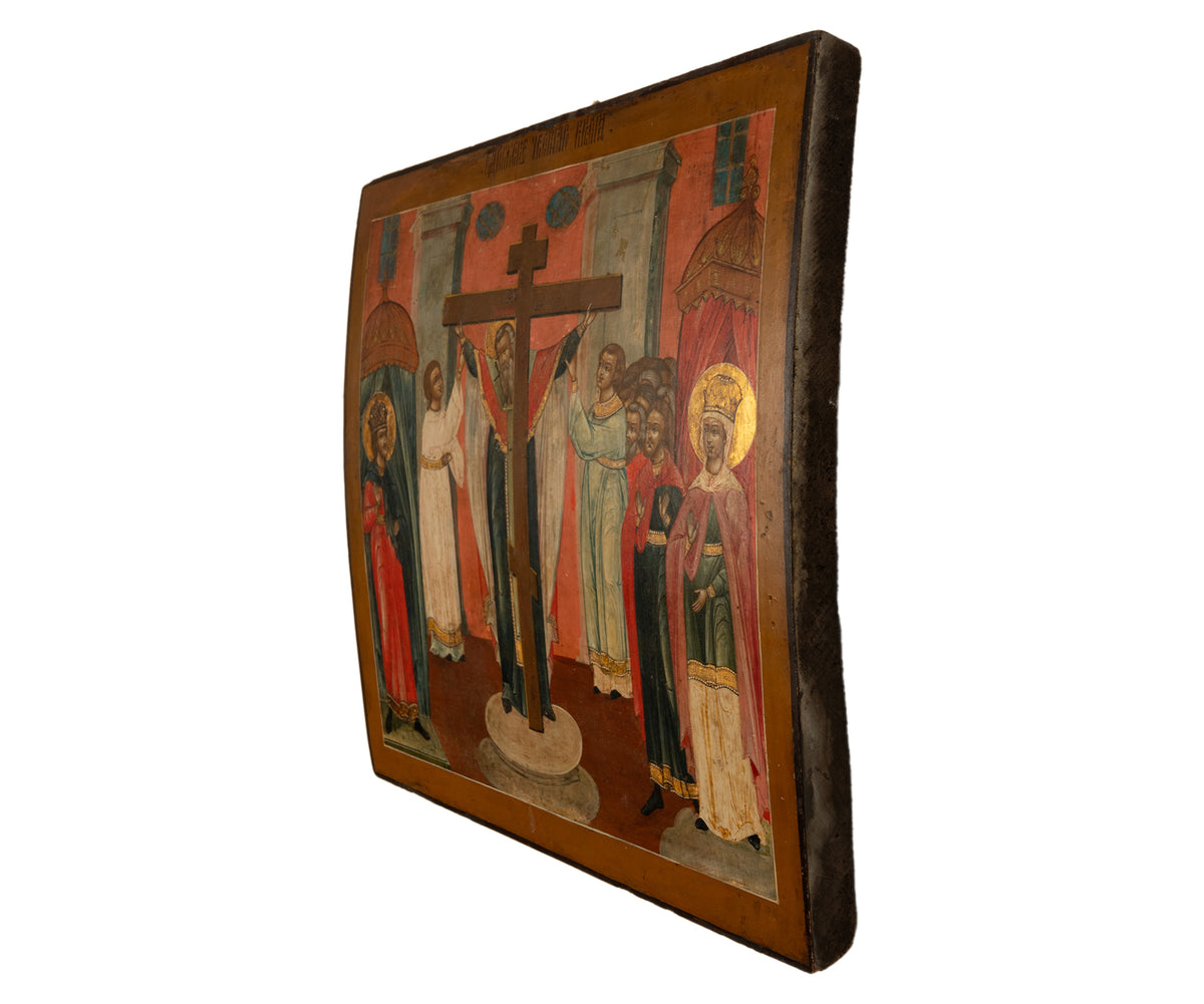 Antique Russian Orthodox Egg Tempera Icon St. Helena & St. Constantine St. Marcarius True Cross 1820