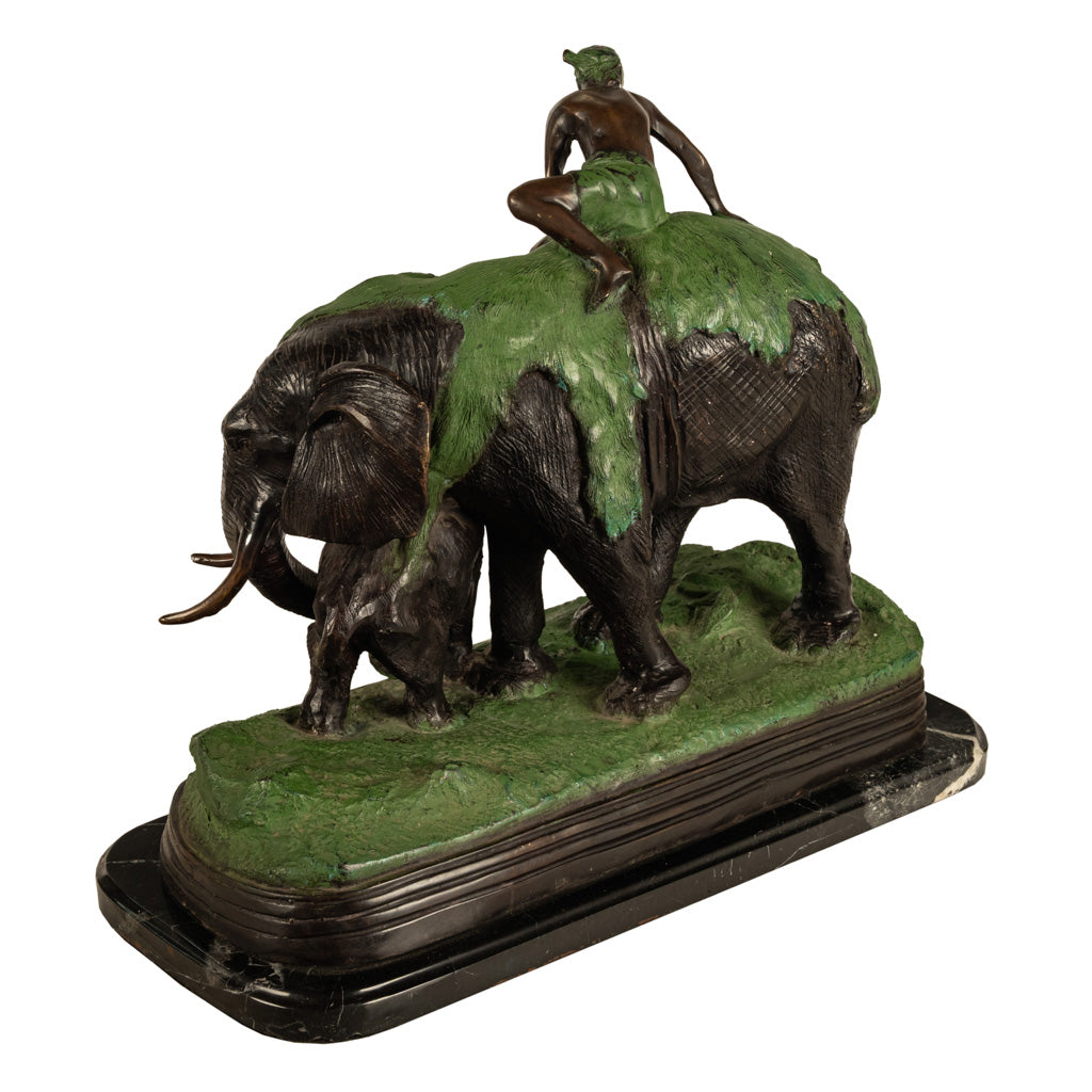 Antique Cast Bronze Elephant Hunt Scene with Lion Antonio Amorgasti Belgium 1925