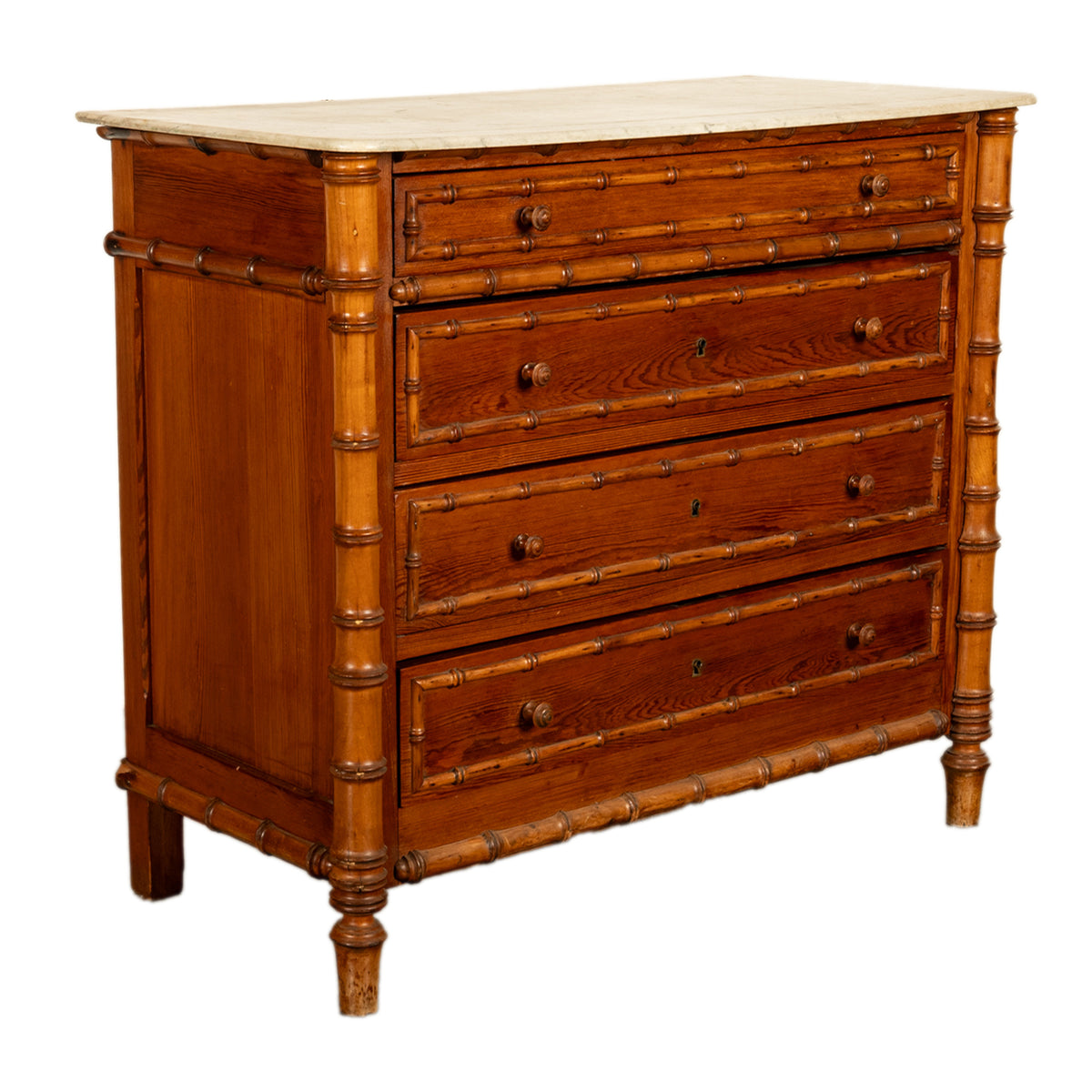 Antique 19th Century French Faux Bamboo Pine White Marble Chest Drawers Commode Circa 1880