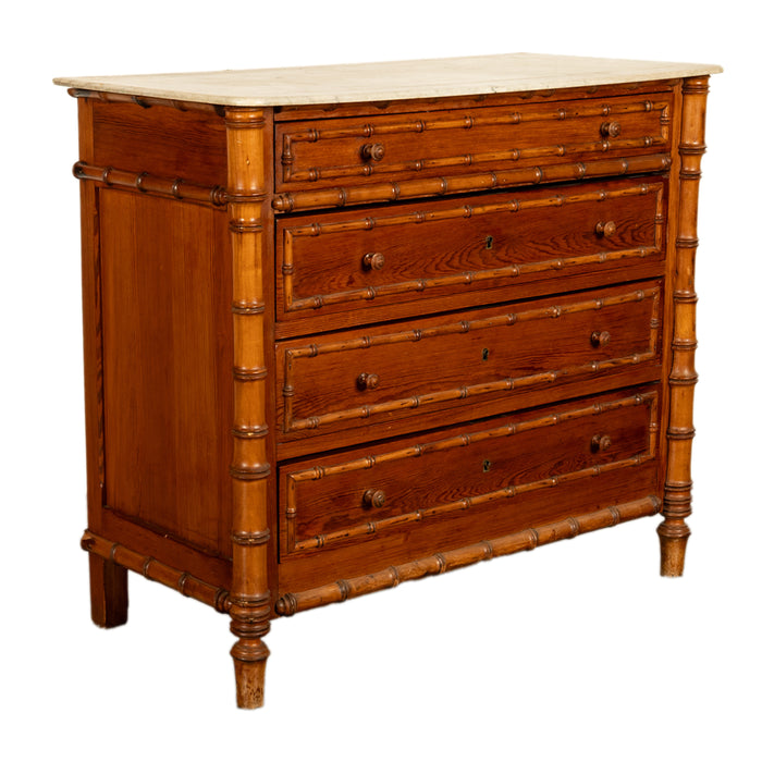 Antique 19th Century French Faux Bamboo Pine White Marble Chest Drawers Commode Circa 1880