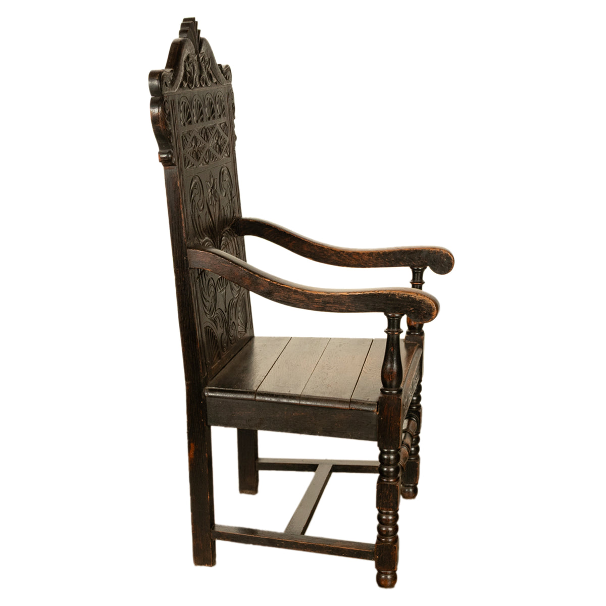 Antique 17th Century English Charles II Oak Carved Wainscot Armchair 1680