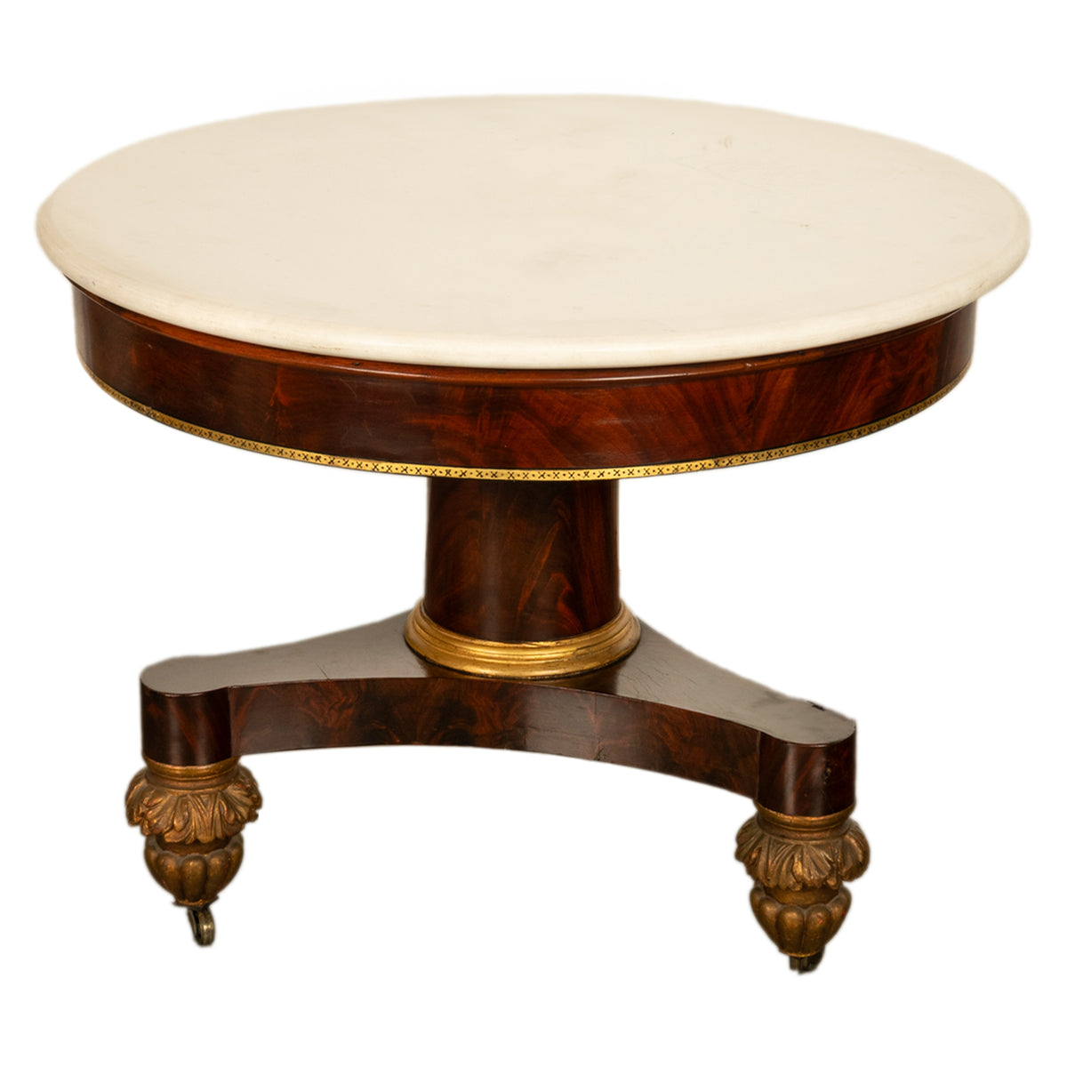 Antique American Classical Mahogany Marble Top Parcel Gilt Round Center Table New York Duncan Phyfe 1825