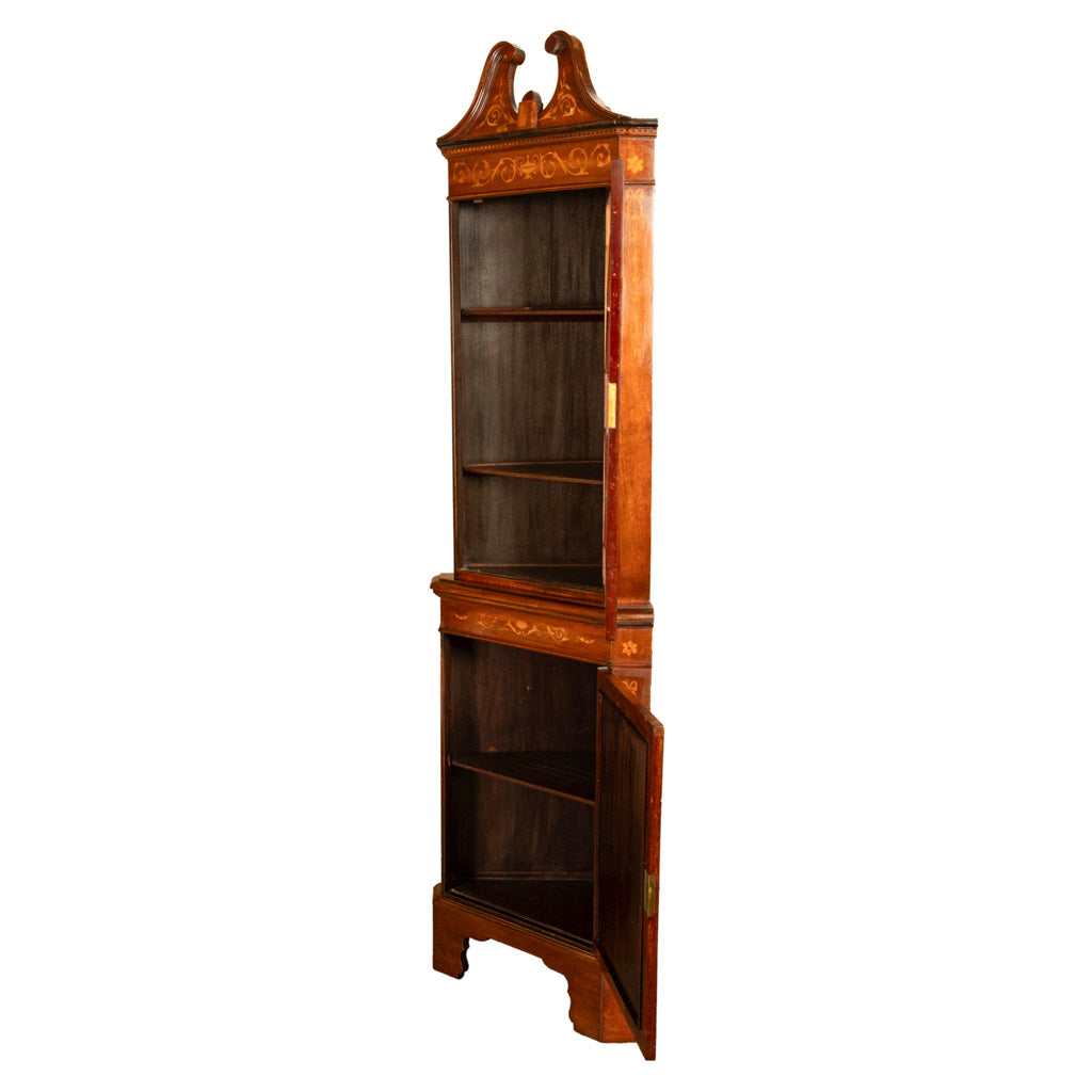 Antique Edwardian Regency Revival Inlaid Marquetry Mahogany Corner Cabinet 1890