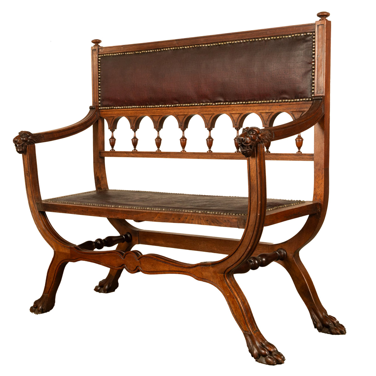 Antique Renaissance Revival Carved Walnut & Leather Hall Window Bench Italy 1880