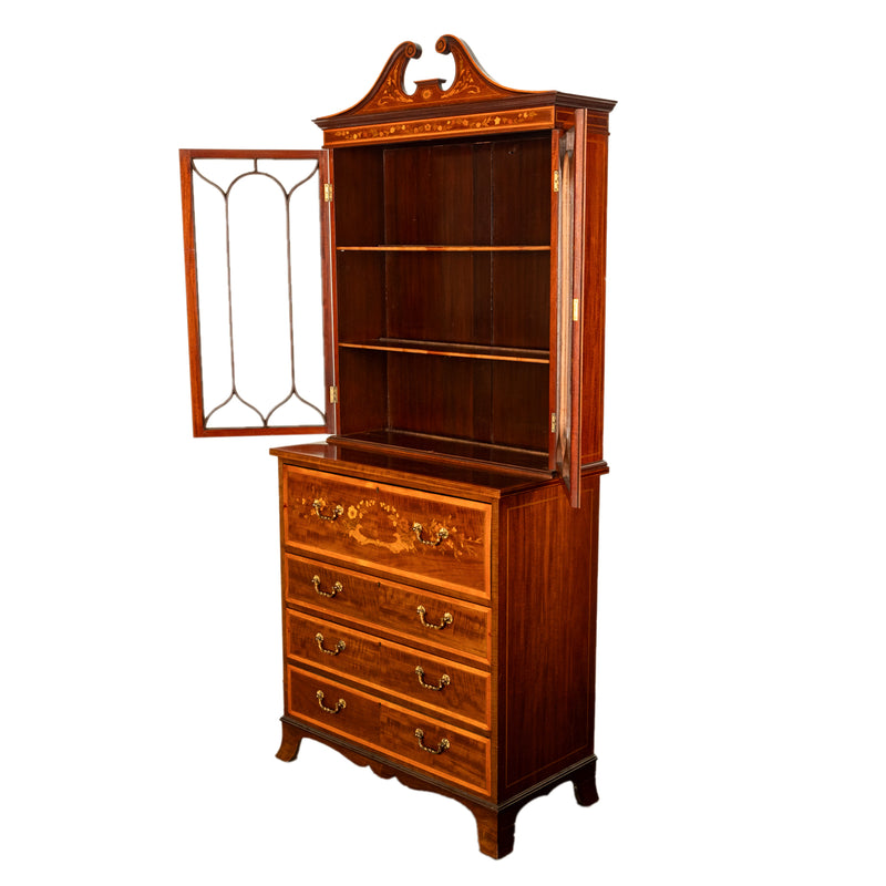 Antique Georgian Sheraton Marquetry Mahogany Bureau Bookcase Butler's Secretary Circa 1810