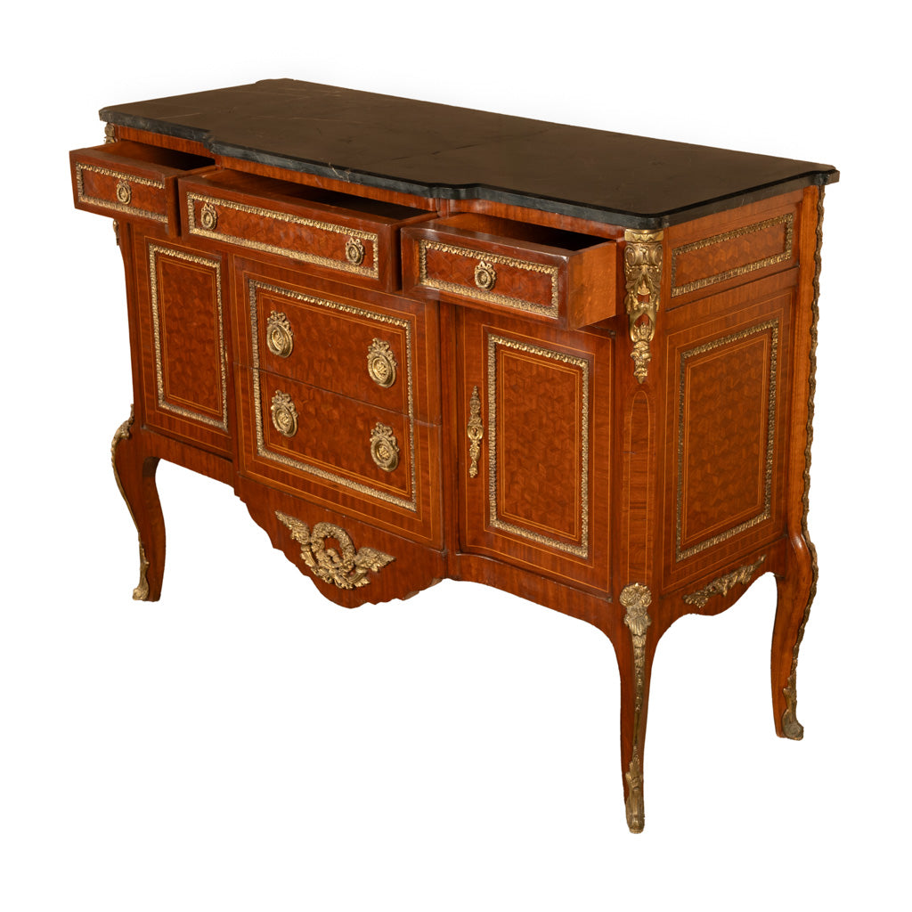 Antique French Parquetry Ormolu Marble Top Louis XVI Commode Chest Drawers 1880