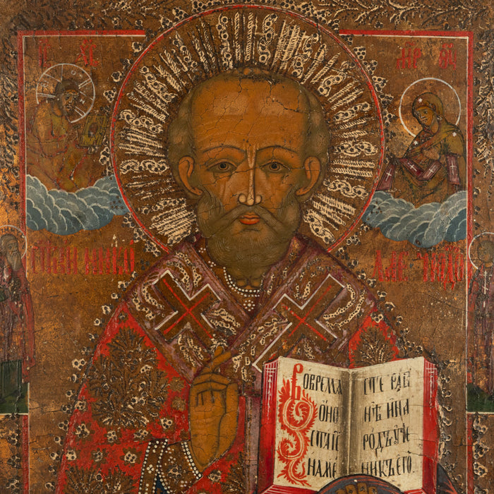 Antique 19thC Russian Orthodox Egg Tempera Painted Icon St Nicholas of Myra 1820