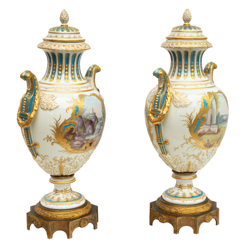 Pair Antique French Sevres Handpainted Gilded Ormolu Porcelain Urns signed 1890