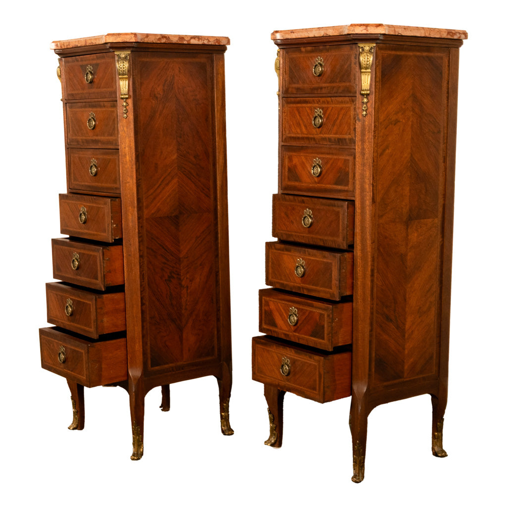 Pair Antique French Semainier Ormolu Inlaid Lingerie Marble Chests Dressers 1900