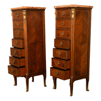 Pair Antique French Semainier Ormolu Inlaid Lingerie Marble Chests Dressers 1900