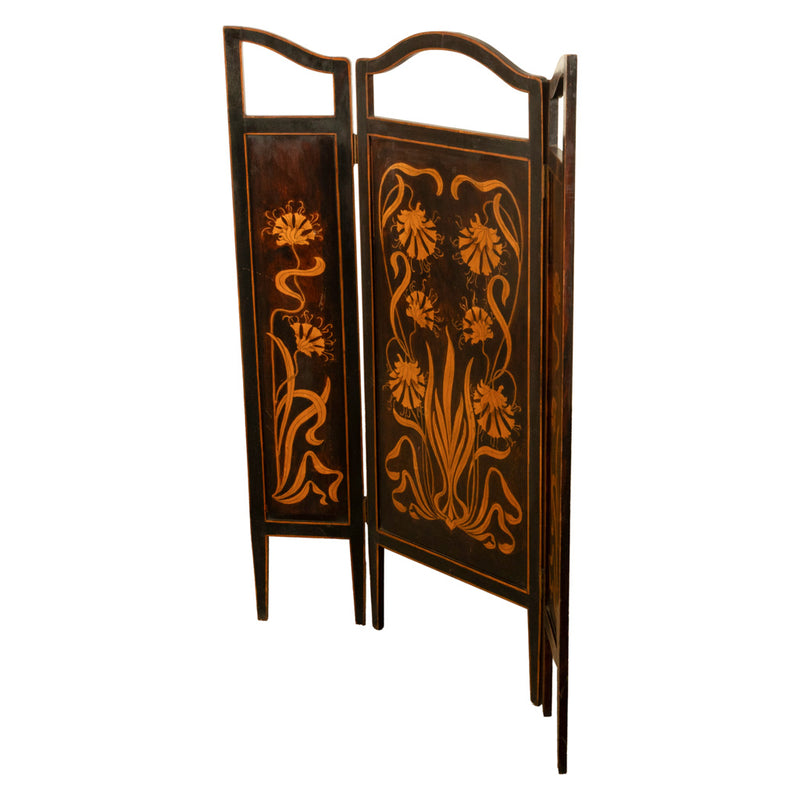 Antique Art Nouveau Mahogany Painted Fire Folding Screen Liberty Co London 1900