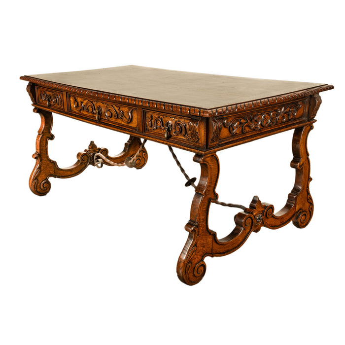 Antique Spanish Carved Walnut Baroque Partners Desk Writing Trestle Table 1880