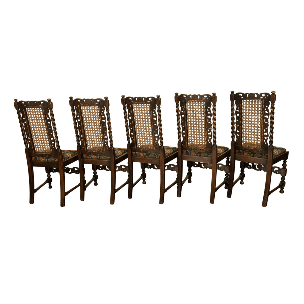 Antique 19thC Set 6 Carved Caned Jacobean Barley Twist Walnut Dining Chairs 1870
