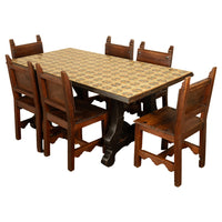 Antique Spanish Colonial Hacienda Walnut Talavera Tile Top Table Six Chairs 1890