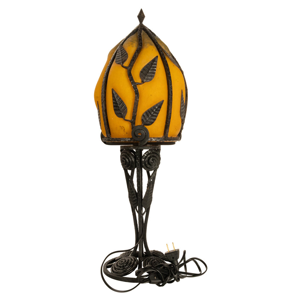 Large Antique French Art Deco Daum Glass & Edgar Brandt Iron Table Lamp 1920s