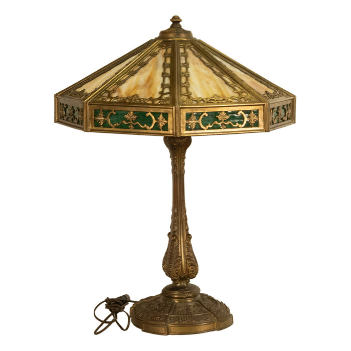 Antique American Arts & Crafts 3 Light Slag Glass Table Lamp by Miller Co. 1910