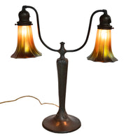 Antique American Art Nouveau Bronze Handel Table Lamp Steuben Aurene Glass Shades Circa 1910