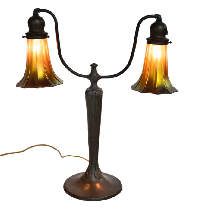 Antique American Art Nouveau Bronze Handel Table Lamp Steuben Aurene Glass Shades Circa 1910