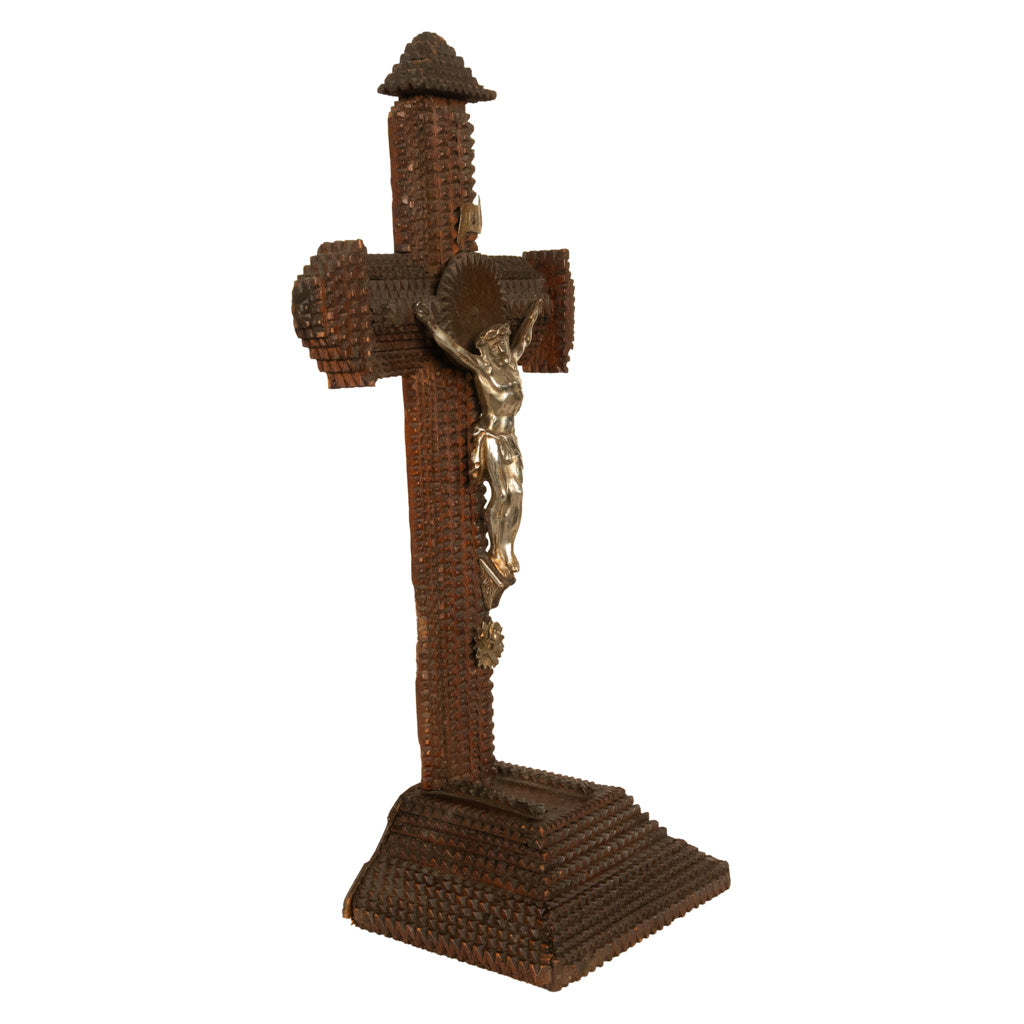 Antique American Tramp Art Carved Wood Crucifix John Zadora Pennsylvania 1900